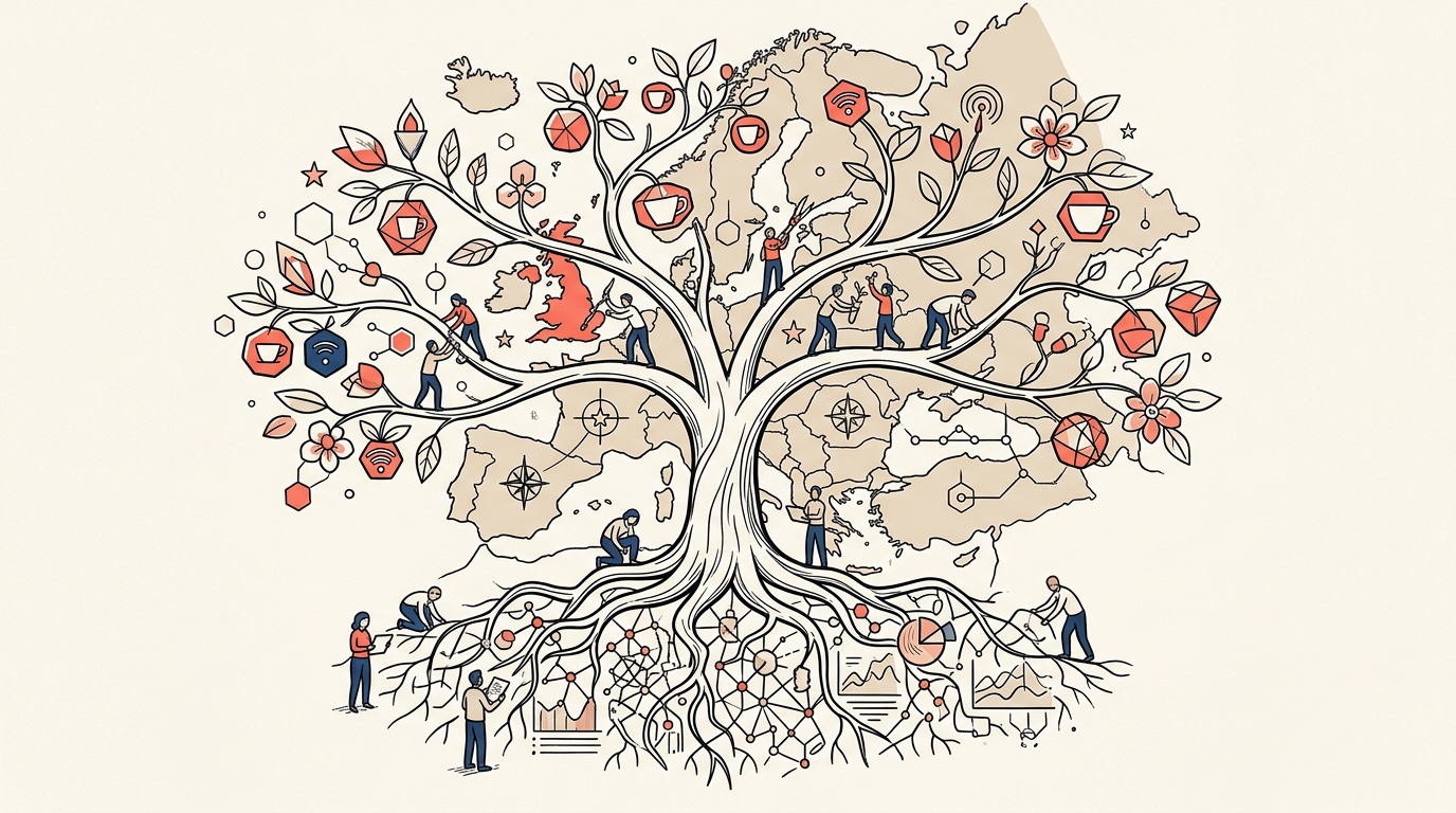 Illustration of a European tea and insight ecosystem for Clipper Tea